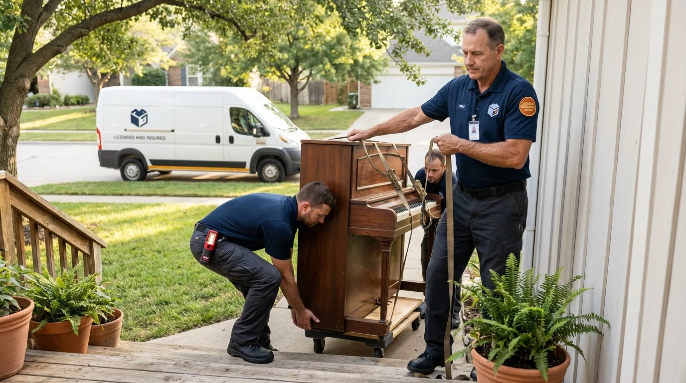 Licensed piano movers securing grand piano in Morrisville, NC