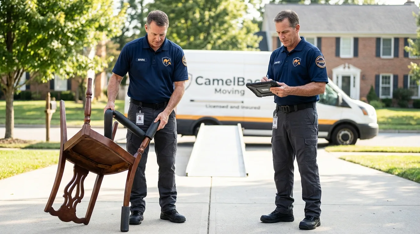 Movers inspecting furniture for damage prevention before loading in Morrisville, NC